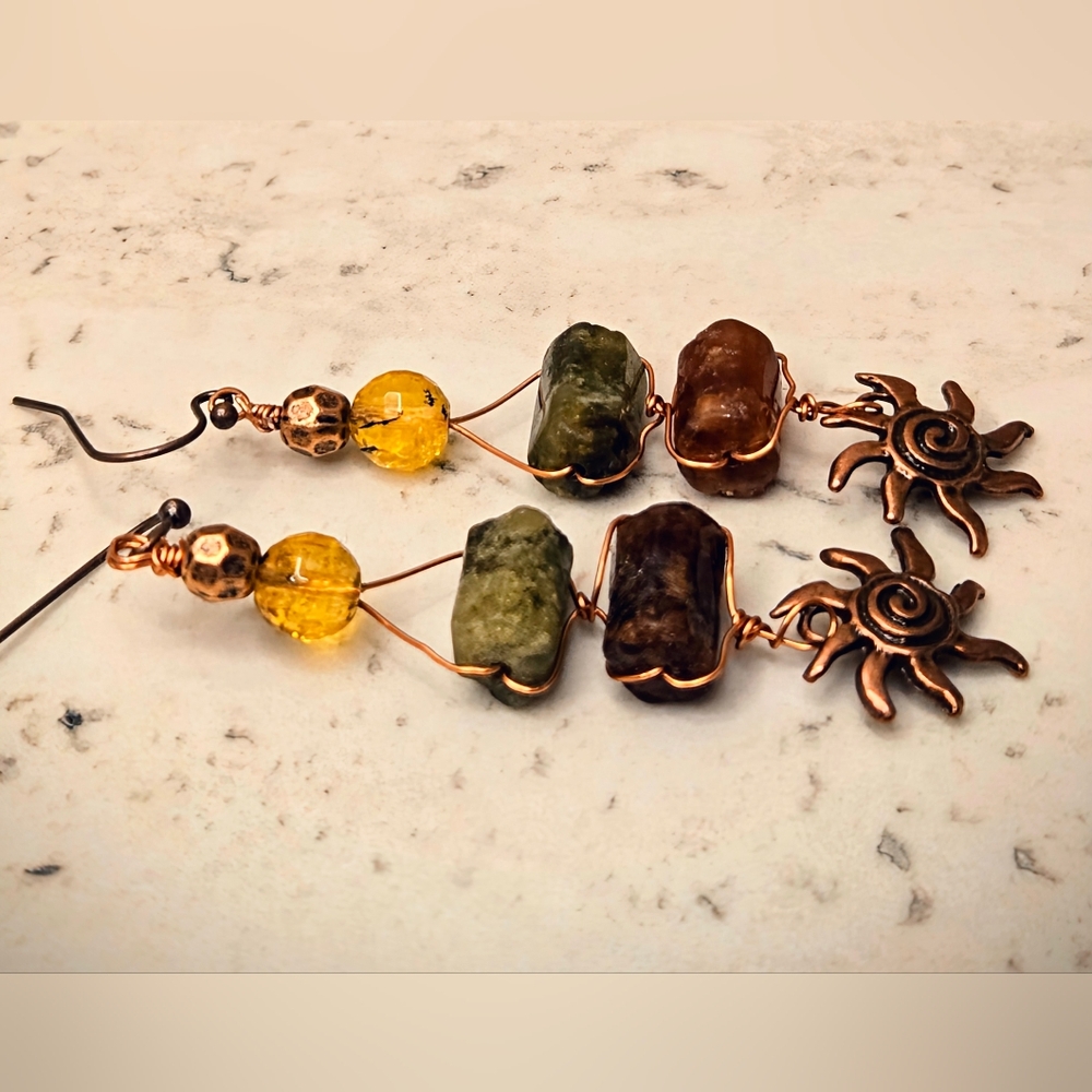 Nile Priestess' Sacred Green & Brown Garnets In Antique Copper Artisan Earrings - Picture 4 of 10